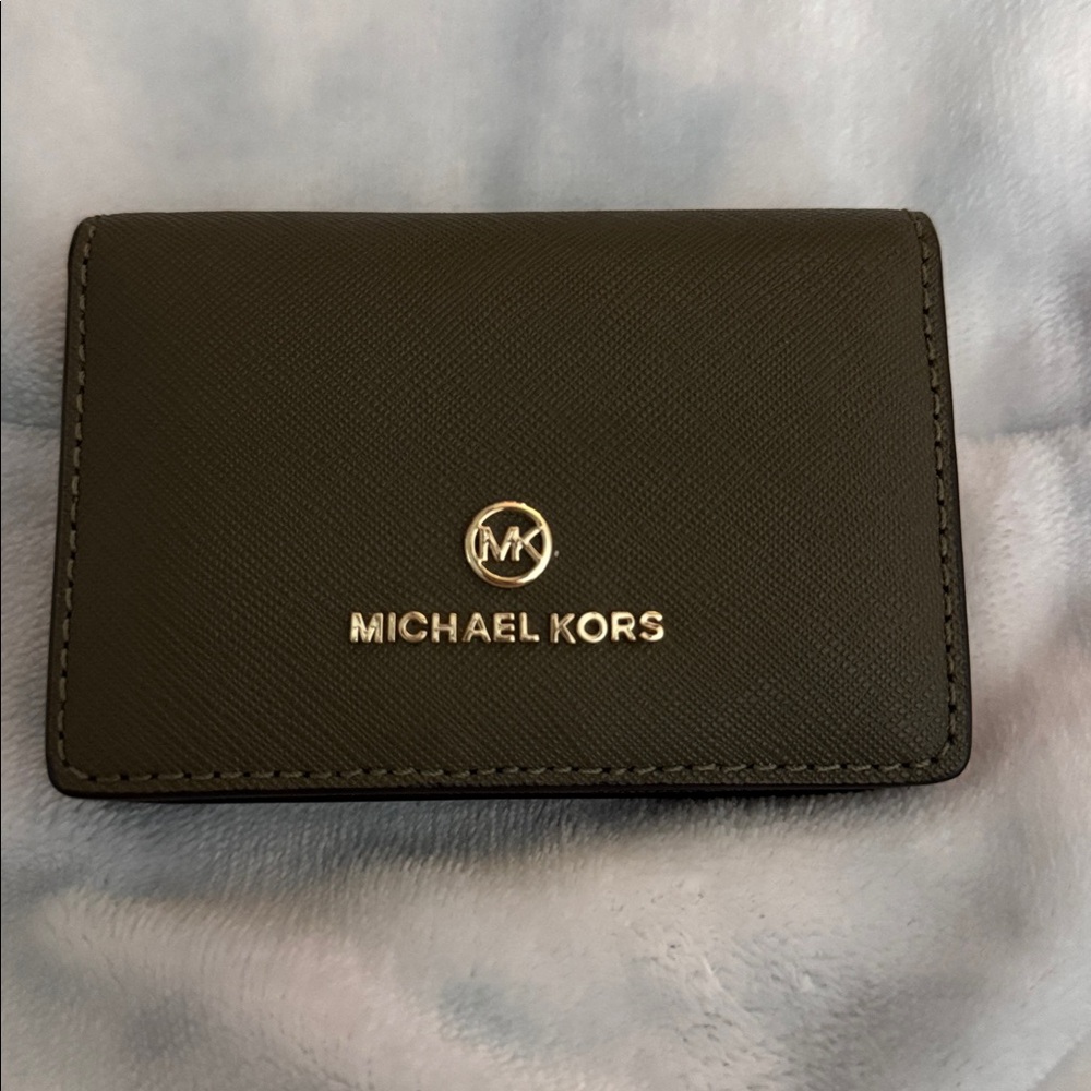 Michael Kors Green Saffiano Leather Flap Card ID Window Holder Case